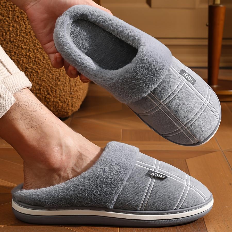 [Winter Slippers] Cozy Plush Winter Slippers for Men | Soft Fleece Lined, Memory Foam Support, Non-Slip TPR Sole, Round Toe, Gray Checkered Pattern