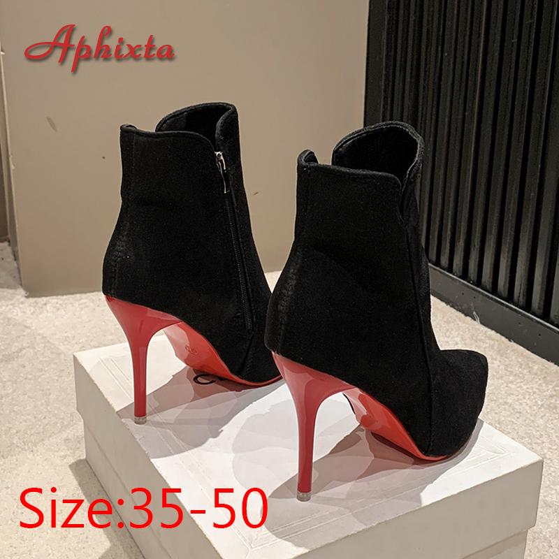 Aphixta 10cm Stilettos Winter Red Heels Zip Warm Black Ankle Boots Women Flock Footwear Shoes Women Super Big Size 47 48 49 50