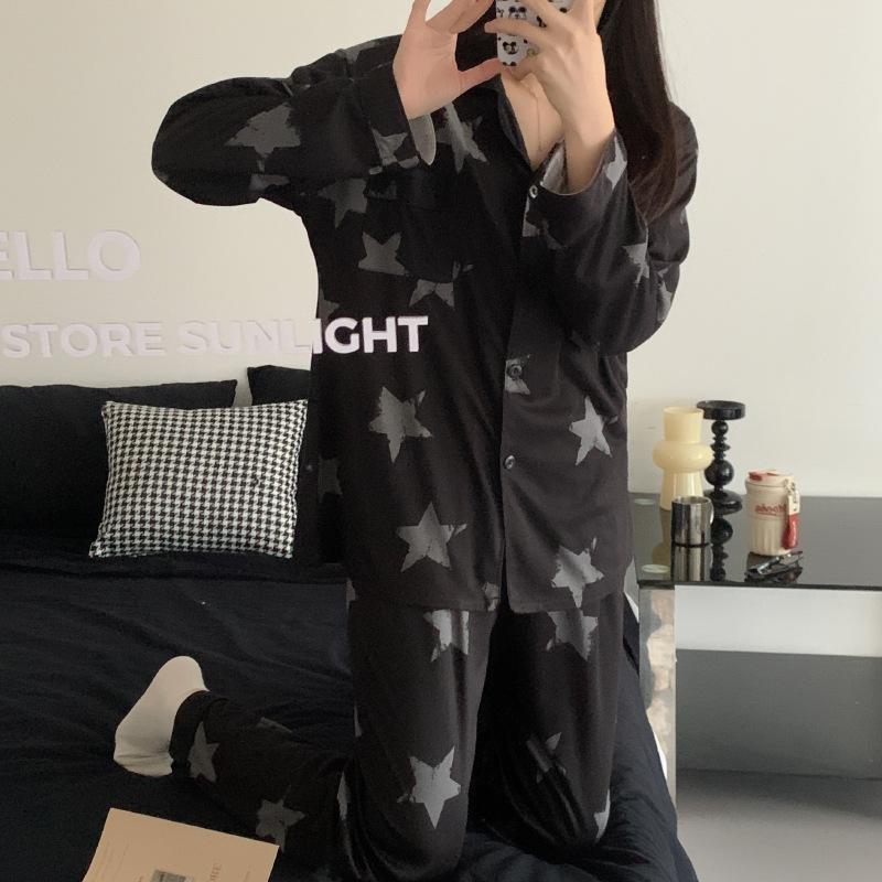 Spring and summer can wear new simple fashion loose long-sleeved high-end star printing imitation cotton loungewear