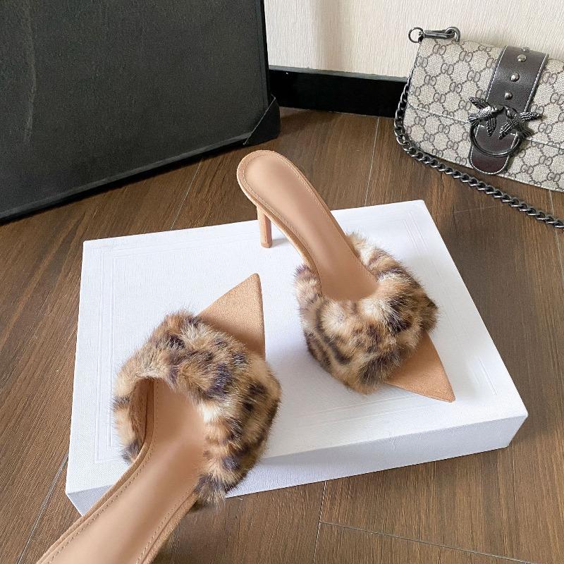 Women's Super High Heel 8.5CM Furry Slippers Faux Fur Slip-on Fashion Designer Sexy Pointy Toe Sandals for Woman Sandalias Mujer