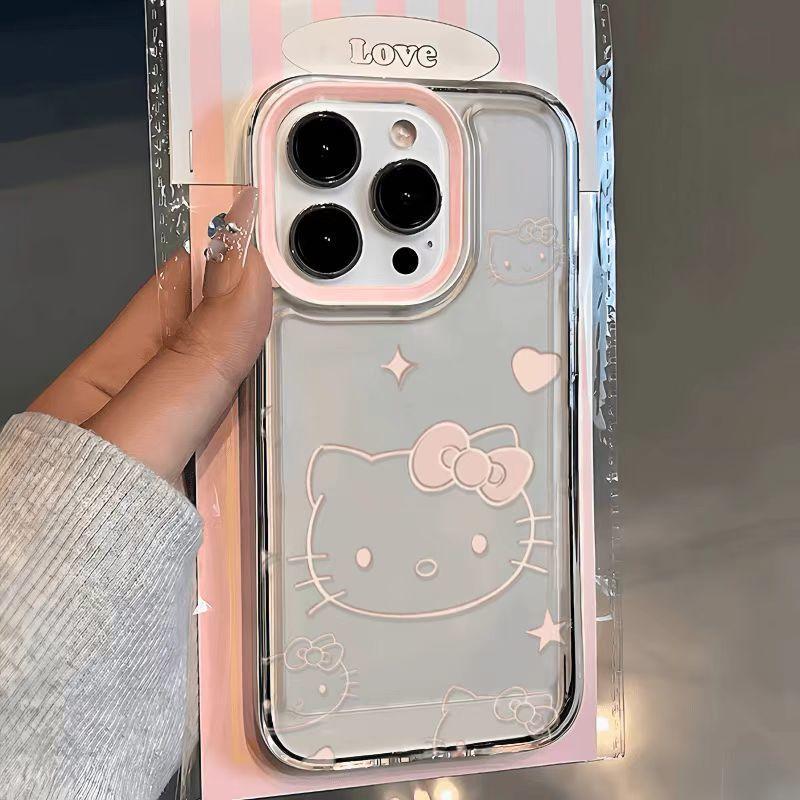 Pink kitty cat is suitable for Apple 14/15promax mobile phone case 16 transparent 13/11 cute 12 soft case 7/8.