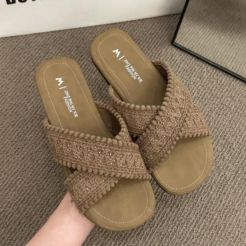 

Ethnic style cool slippers 2025 new summer retro woven cross cool slippers flat bottom one-word women s shoes 40 хаки