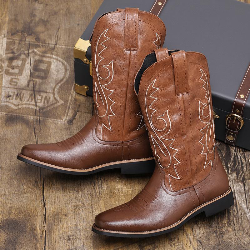 Cheap 22 Western Cowboy Boots Square Head High Top Vintage Martin Boots Embroidered Locomotive Boots