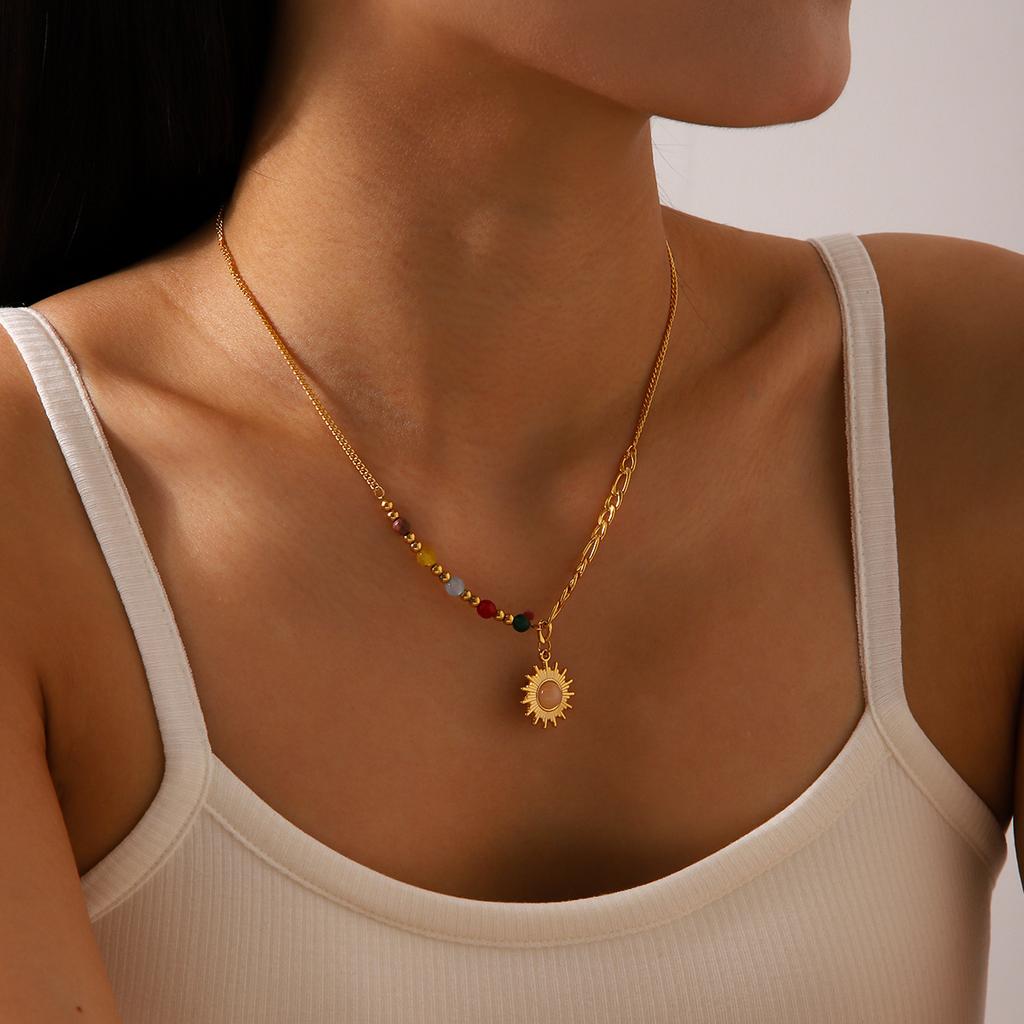 French style vintage 18K gold stainless steel sun cat's eye stone pendant necklace colorful stone titanium steel necklace