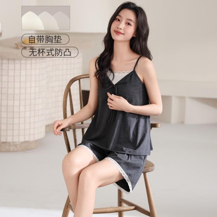 

Pajamas women s summer pure cotton round neck suspender shorts with chest pad pajamas casual and simple can be worn outside loungewear two-piece set M