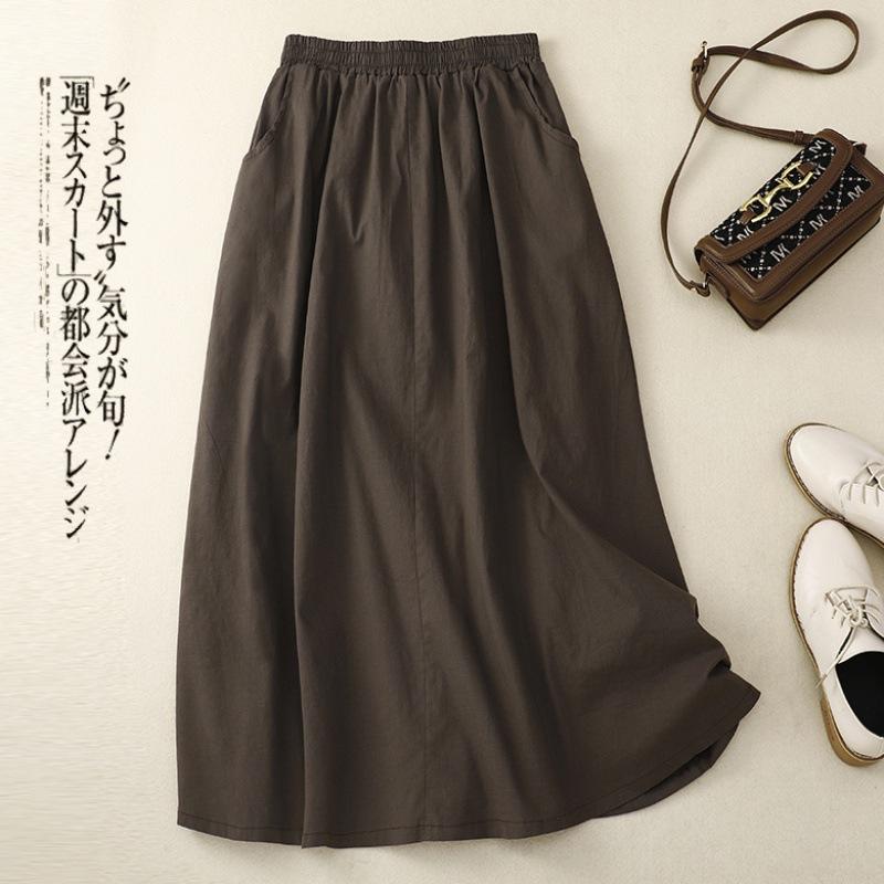 

Настоящая летняя новинка большого размера, литературная, из стираного хлопка и льна, с эластичной талией, повседневная и тонкая юбка средней длины для женщин 2XL темно-коричневого