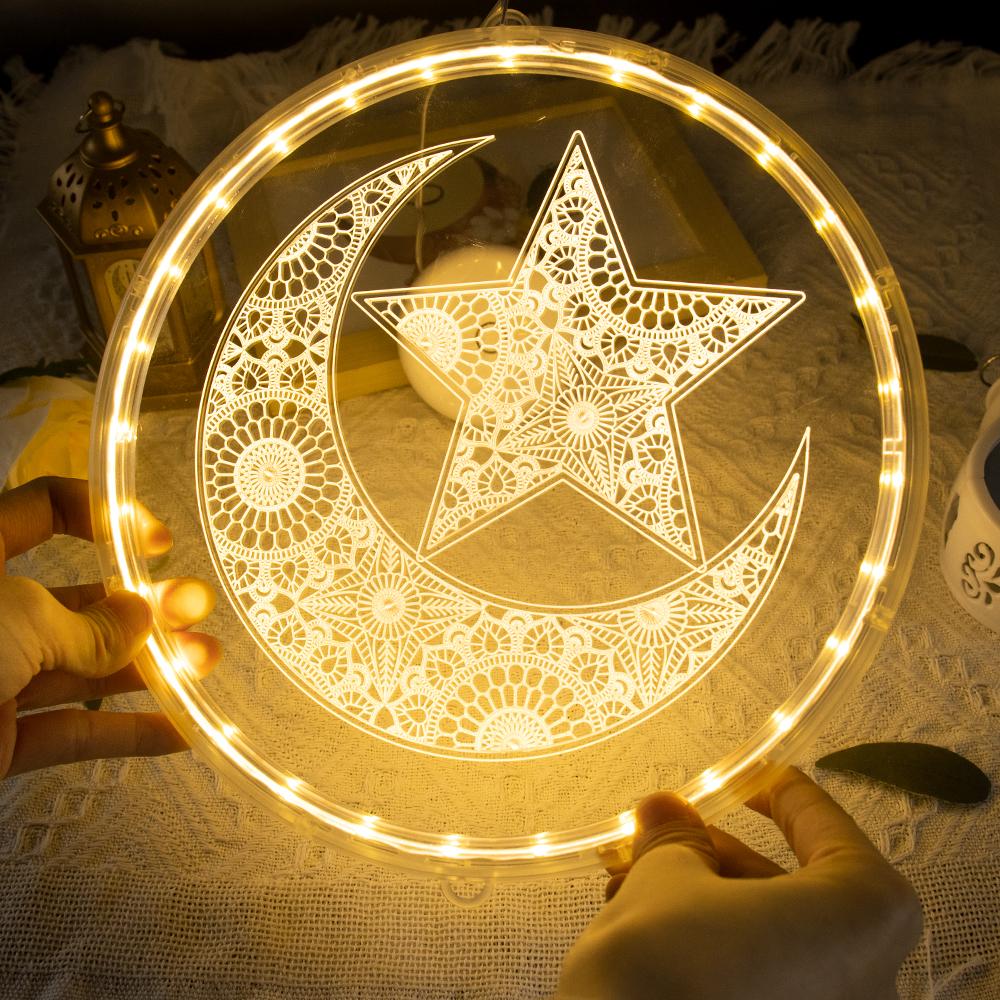 Ramadan Window Lights Eid Mubarak Decorations Moon Star Warm Lights Muslim Decorations for Door Home Eid Al Fitr Party Supplies
