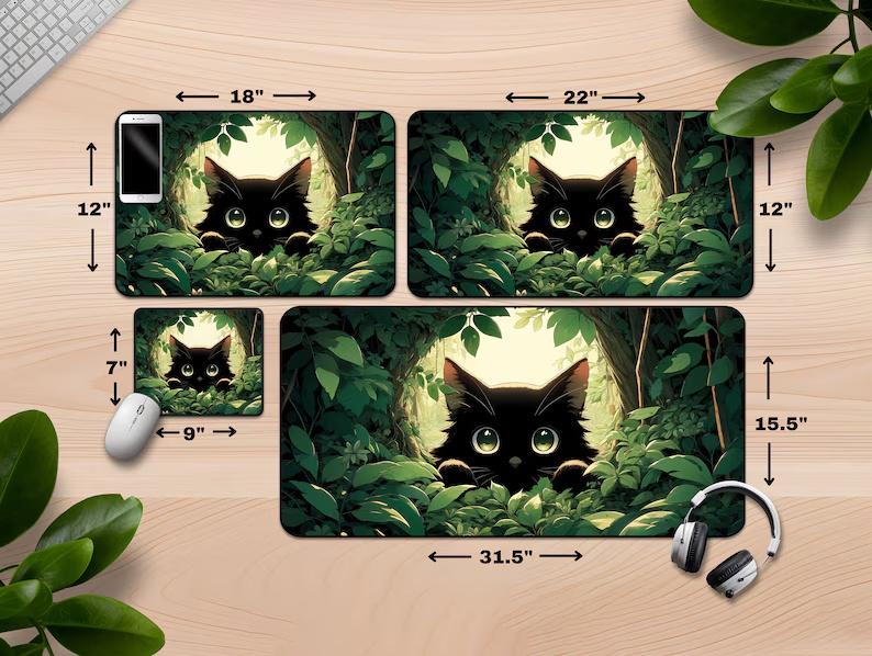 Cute Black Cat Mousepad Kawaii Desk Mat Cat Peeking Through Leaves Animal Lover Decor Large Anime Mouse Pad For PC Gaming Office