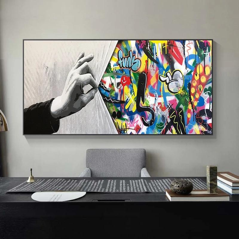 Banksy Graffiti-Kunst hinter dem Vorhang Leinwandgemälde Street Pop Art Poster und Drucke Wandbild für Wohnzimmerdekoration