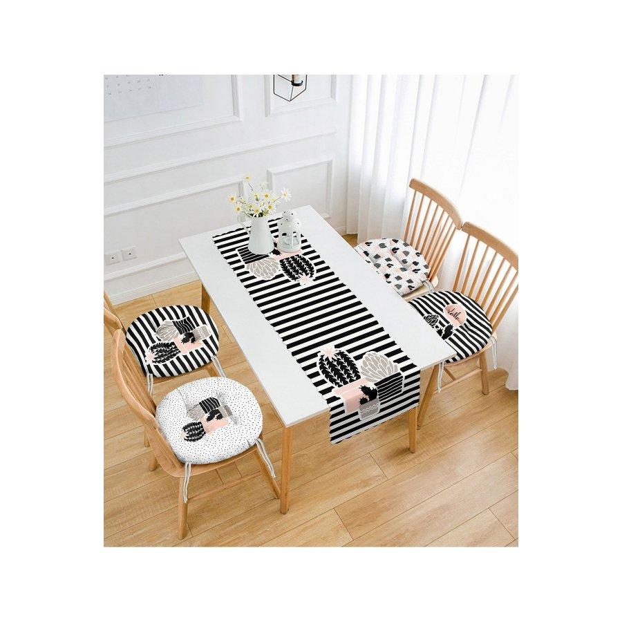 5-teiliges Stuhlkissen-Set / digital bedruckt, 4 Stück runde Stuhlkissen und 1 Stück Läufer