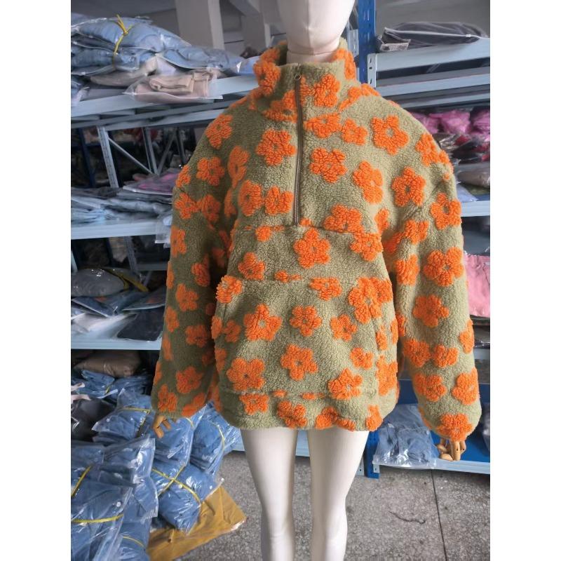 Autumn Winter Women's Sherpa Floral Pullover Hoodies Half Zip Style Loose Fit Warm Stylish Sweatshirt