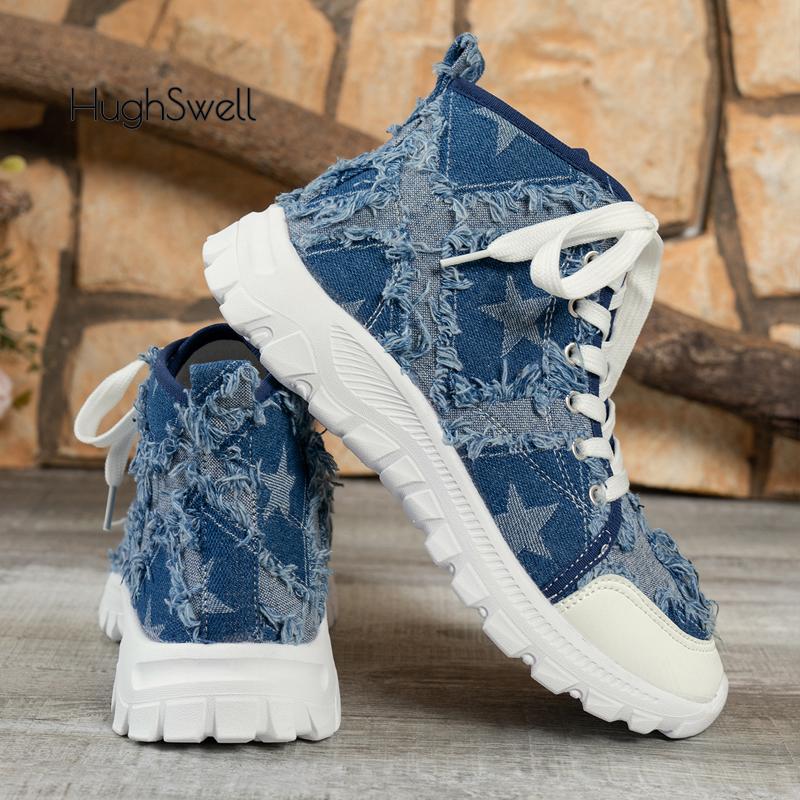 Fashion Star Print High Top Lace-up Denim Sneakers Woman Casual Fringed Short Boots Ladies Fashion Brand Design Canvas Shoes