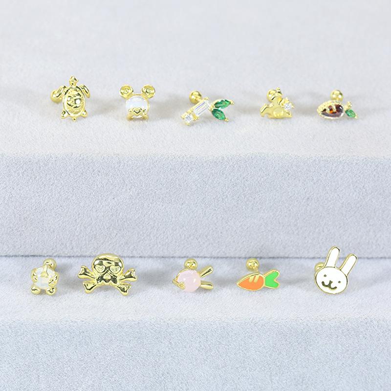 925 Sterling Silver Geometric Dripping Oil Panda Bamboo Shoots Carrot Rabbit Spiral Small Gold Ball Perforated Cartilage Puncture Stud Earrings