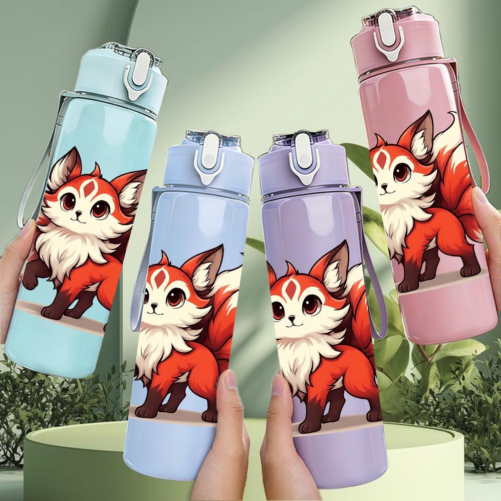 1PC Nine Tailed Fox Cartoon 750ml Color Plastic Sports Water Bottle Leakproof Flip Straw Lid Suitable for Sports Office Home Use