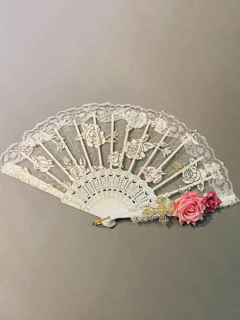 Vintage spanischer Faltfächer, Flamenco-Rosen-Spitzendekor, eleganter schwarzer Damen-Handfächer, geeignet für Damenpartys und Hochzeiten