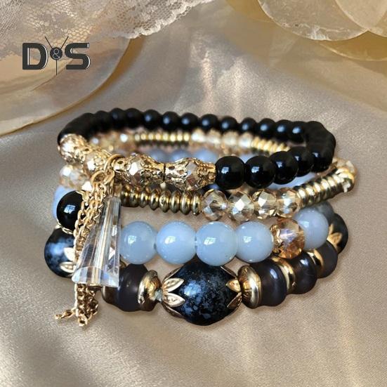 5-teiliges Damen-Armbandset mit Kunstkristallen, glatt, mit mehreren Anhängern, Schmuck im Retro-Boho-Stil mit elastischer Kordel, mehrlagiges stapelbares Armbandset