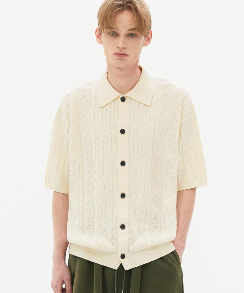 TRILLION Washable Cable Half Sleeve Button-Up Knit (Cream)