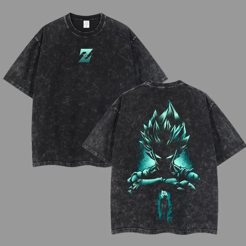 Goku T Shirt SSJ Blue Men Acid Wash Oversized Anime Teal Z Logo Silhouette Cotton Vintage Gym Streetwear Graphic Back Tee M