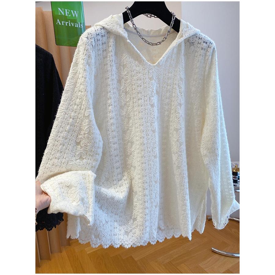 Herbst Neuer Stil Gepufftes Spitzen-Langarm-T-Shirt Damen Locker Kapuze Lässiges Outfit Oberteil