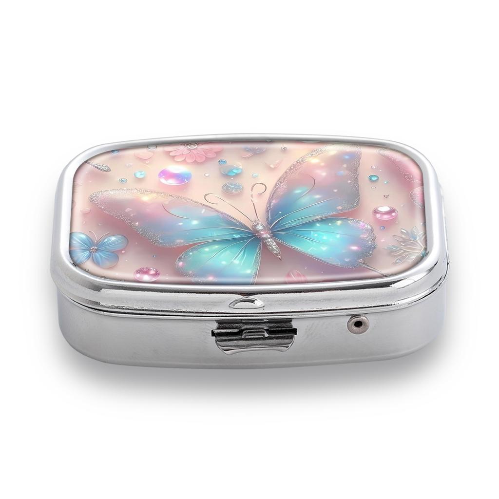 Portapillole Portatile con 2 Scomparti, Mini Custodia Organizer in Metallo per Medicine, Carino Contenitore Stampato per Pillole, Vitamine, Gioielli, Viaggio, Uso Quotidiano