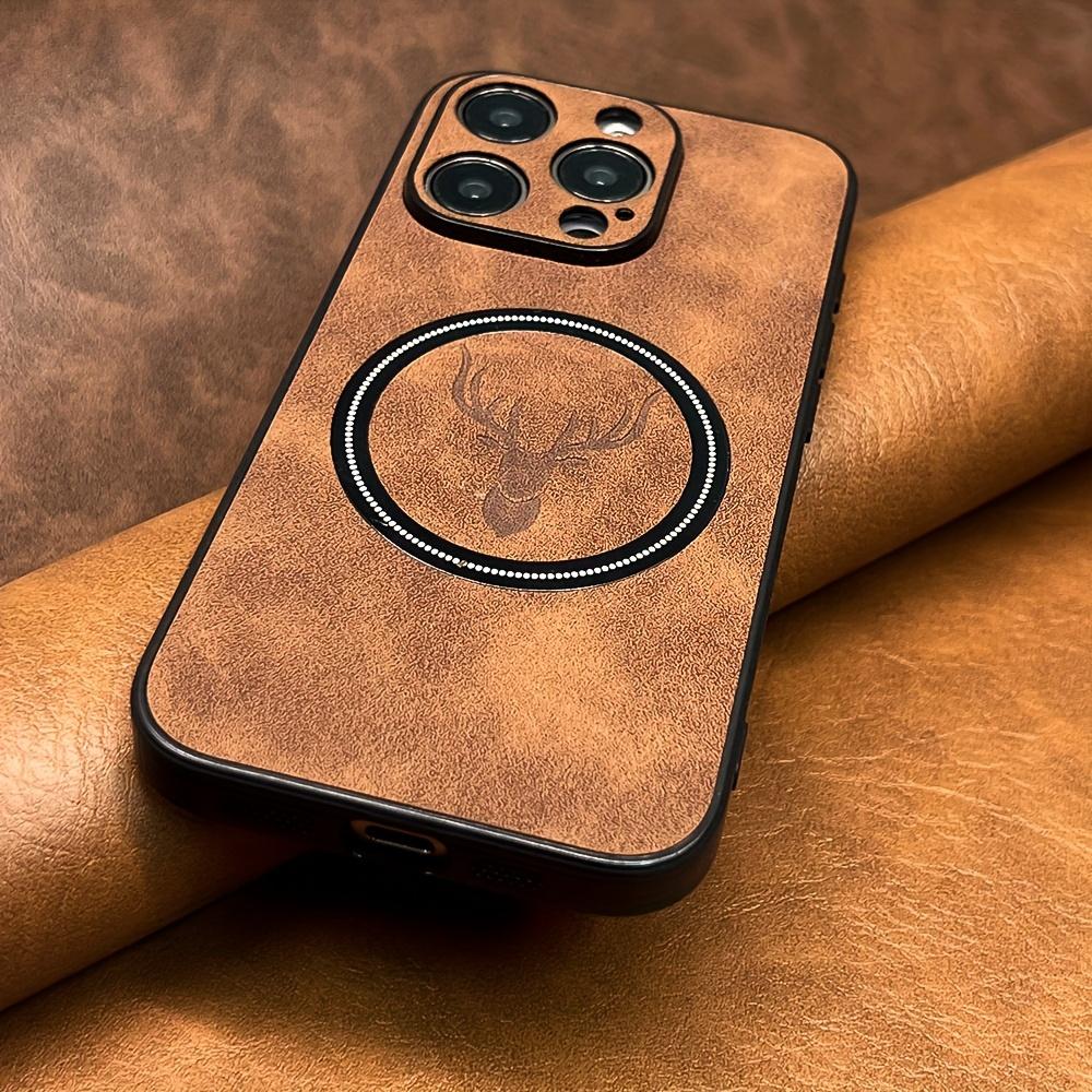 Luxuriöse Kunstschaffell-Kunstlederhülle für iPhone 17 16 15 14 13 12 Pro Max Plus Hirschkopf Magnetische Kabellose Aufladung Weiche Stoßfeste Abdeckung