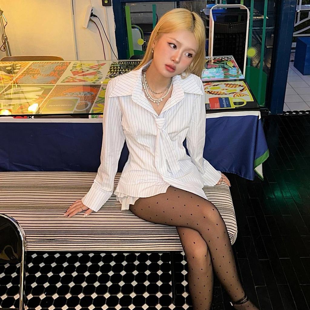 Korean Style Stripe Lapel Tie Shirt: Waist-Cinched, Long Sleeve, Sweet & Casual Women's Autumn Top