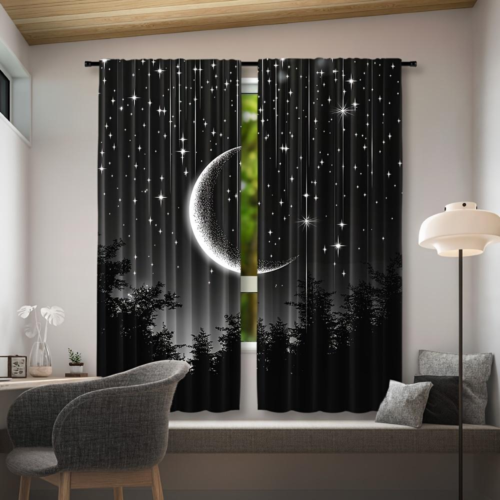 2Pcs Polyester Starry Night Moon Printing Window Curtains Birthday Party Decoration Backdrop Drapes for Living Room