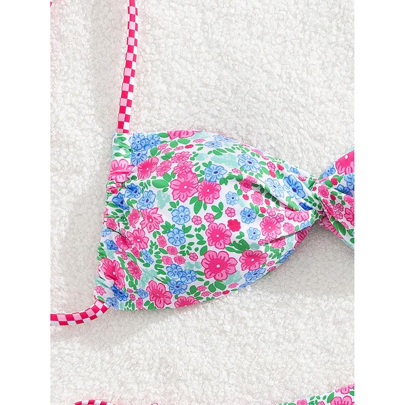 Sexy Pink Floral Print Micro Bikini Women Pleate Cross Push Up Bra Triangle Swimsuit Beach Bathing Suit Holiday Swimwear