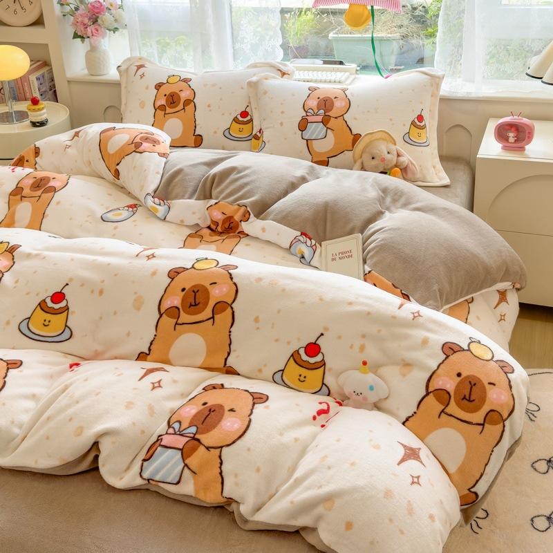 Thickened Milk Fleece Four-Piece Set, Coral Flange Double-Sided Fleece Quilt Cover, Bed Sheet, Bed Hat Three-Piece Set
