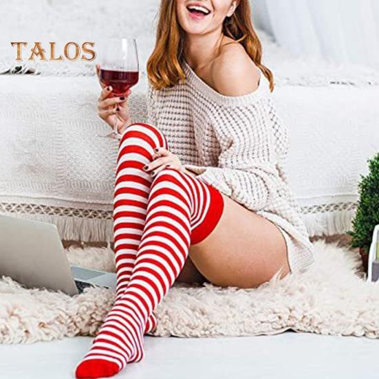 1 Pair Striped Stockings Green White Contrast Color High Elasticity Anti-slip Over Knee Length Soft Breathable Holiday Christmas Stage Performance