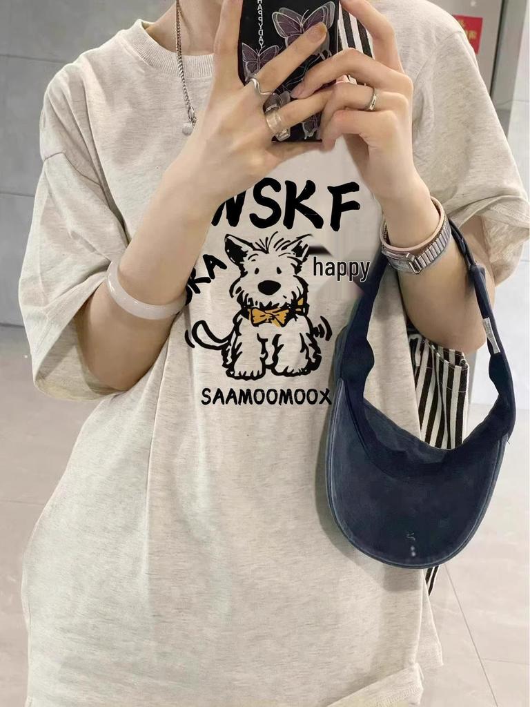 Damski T-shirt z ciężkiej bawełny z nadrukiem retro szczeniaczka, Kolekcja Lato 2025, Luźny krój, Krótki rękaw.