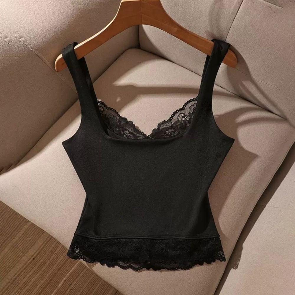 Solid Color Slim Lace Crop Top Patchwork Spaghetti Y2k Top Spicy Girl Style Lace Sling Tank  Summer