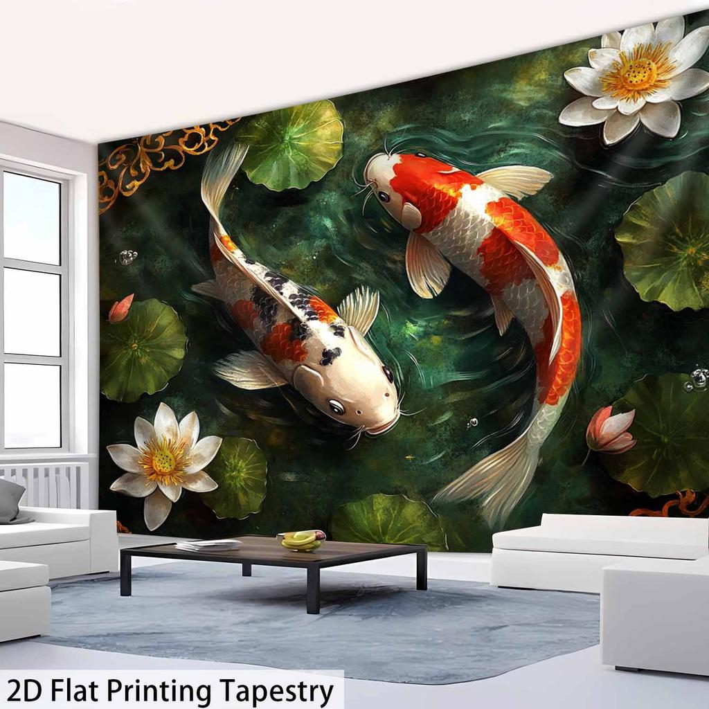 Koi-Fisch Wandteppich, Bunte Karpfen und Lotusblumen im Teich, Wandbehang im asiatischen Stil für Schlafzimmer Wohnzimmer