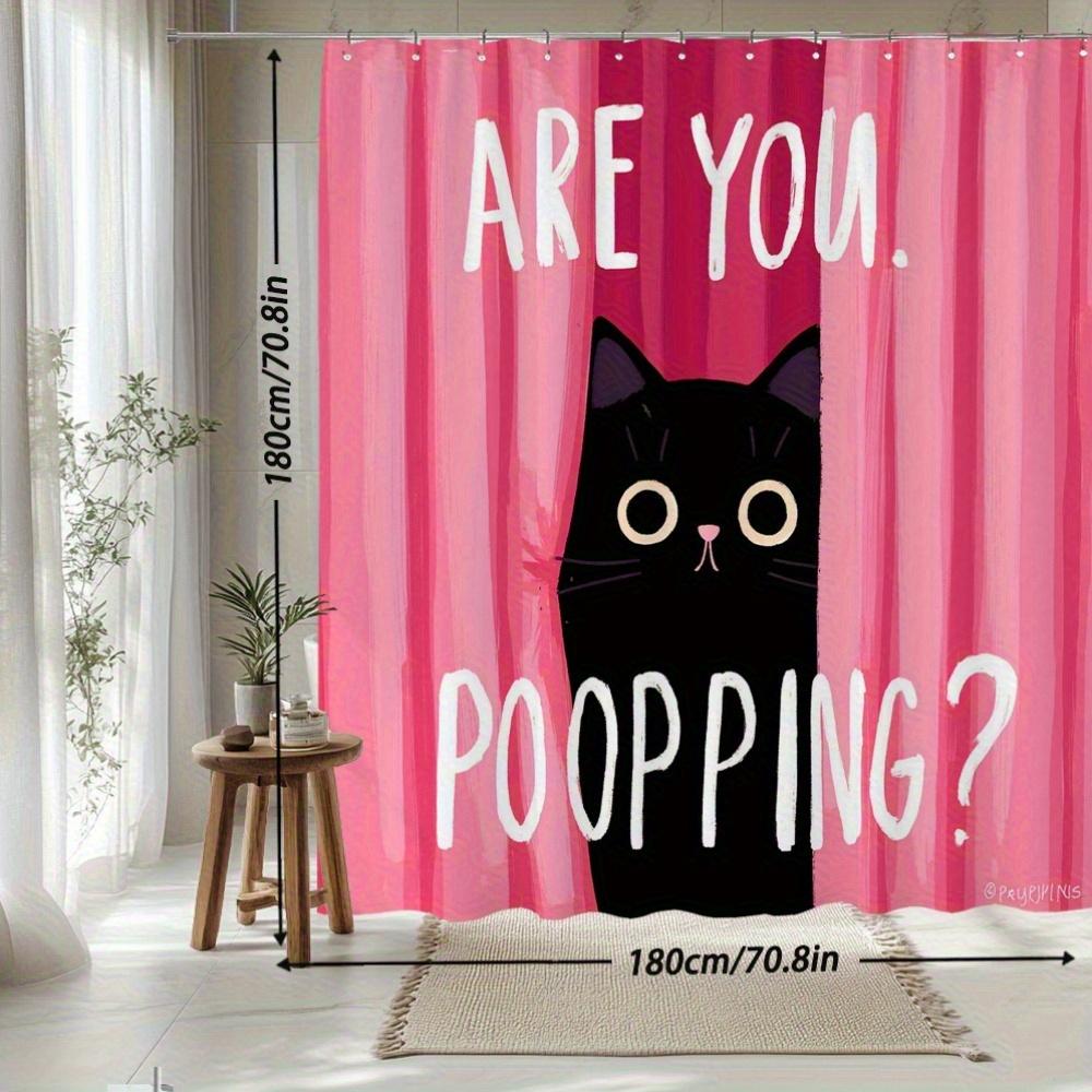 Black Cat Shower Curtain – Bold Uppercase Text "Are You. Poopping?" On Pink Gradient Background, 12 Hooks, 70.87×70.87 Inch