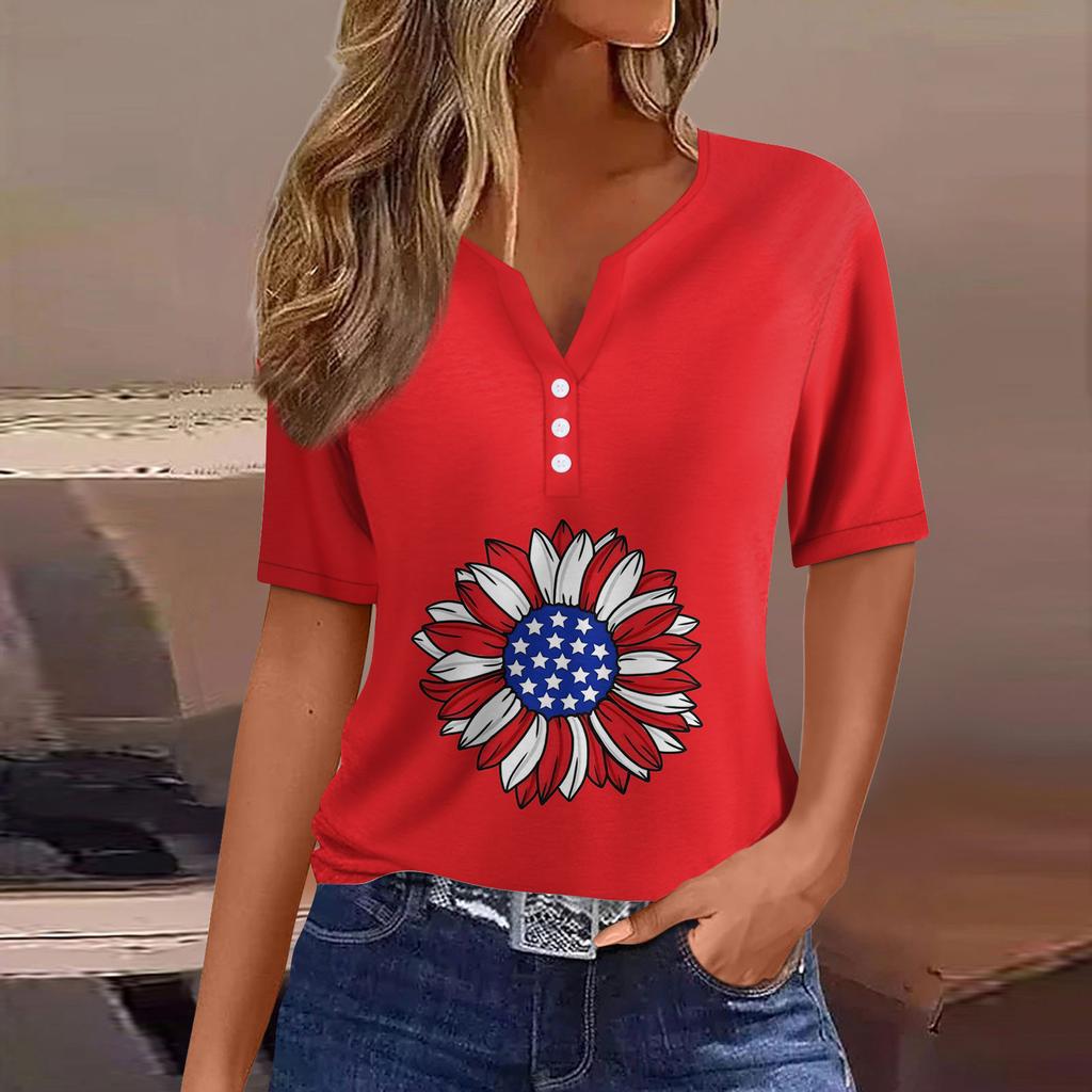 Women's Casual Independence Day Printed V-Neck Short Sleeve Embellished Button T-Shirt Top