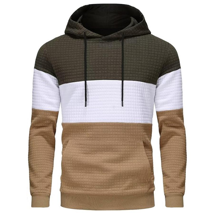 Large Size Men's Hooded Pullovers Checkered Color Blocking Sweatshirt Retro Jacquard Casual Sports Hoodie for Men