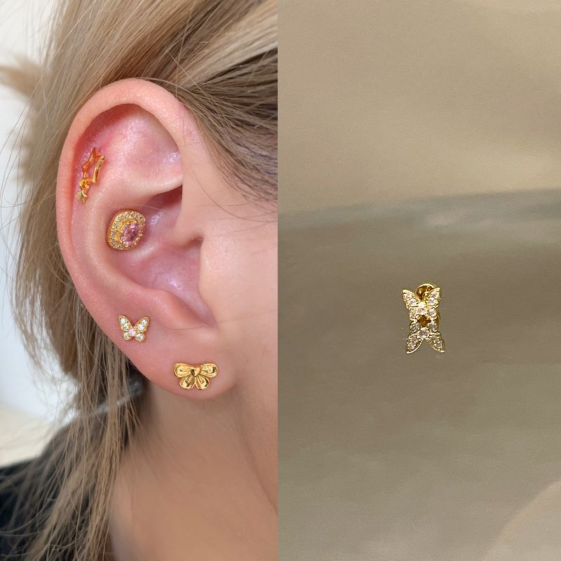 

Ringring Store Titanium Steel Ear Studs Titanium Alloy Ear-Caring Ear Bone Stud Flash Golden Earrings Ear Ear Bone Pin Earrings Flash diamond butterfly 1