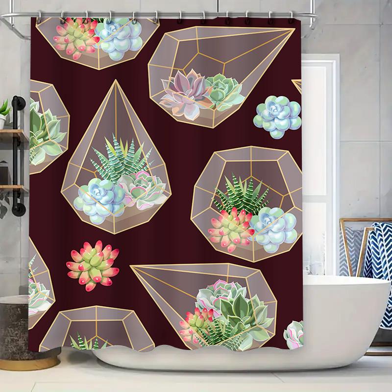 

Fashionable Geometric Succulent Shower Curtain Modern Printed Decor for Bathroom Waterproof Fabric with Hook Rings Set Various C 90x180cm