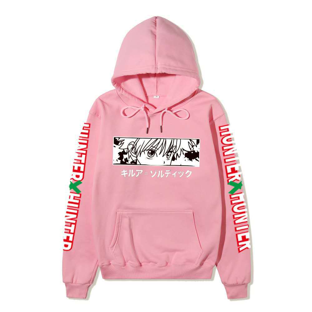 Hunter X Hunter Killua Anime Hoodie Sleeve Letter Print Black Manga Long Sleeve Casual Hooded Pullover Sweatshirt