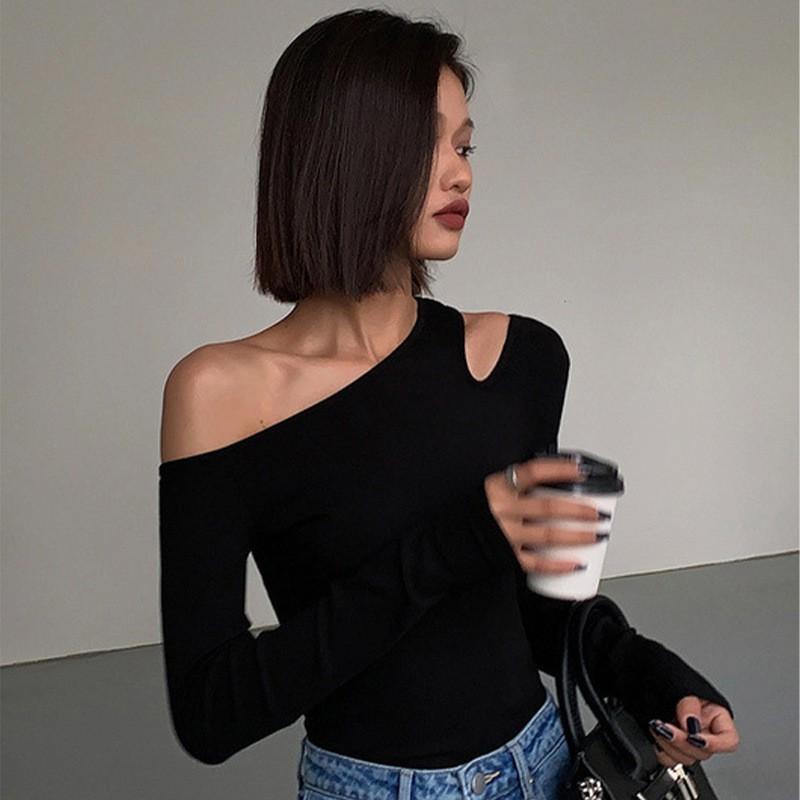 Womens Black Long Sleeve Slim Fit Off Shoulder Top Milk Silk Base Layer T-Shirt Elegant Casual Wear