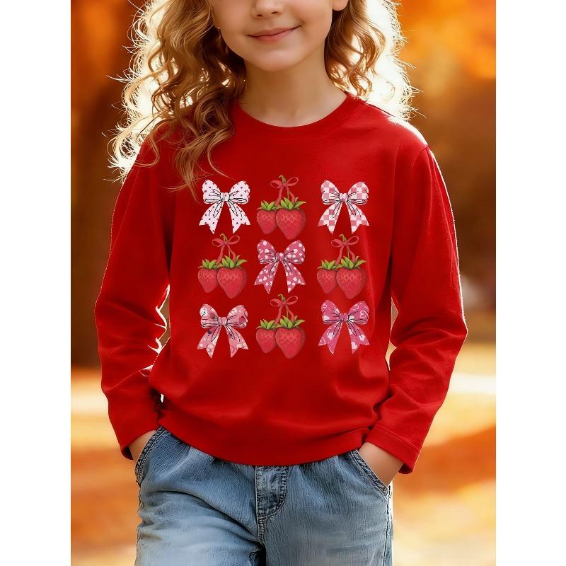 European sizes Kids Spring Autumn Daily Casual Cute Cartoon Print Long Sleeve TShirt Cartoon Strawberry Various Bow Prints Skinfriendly Soft