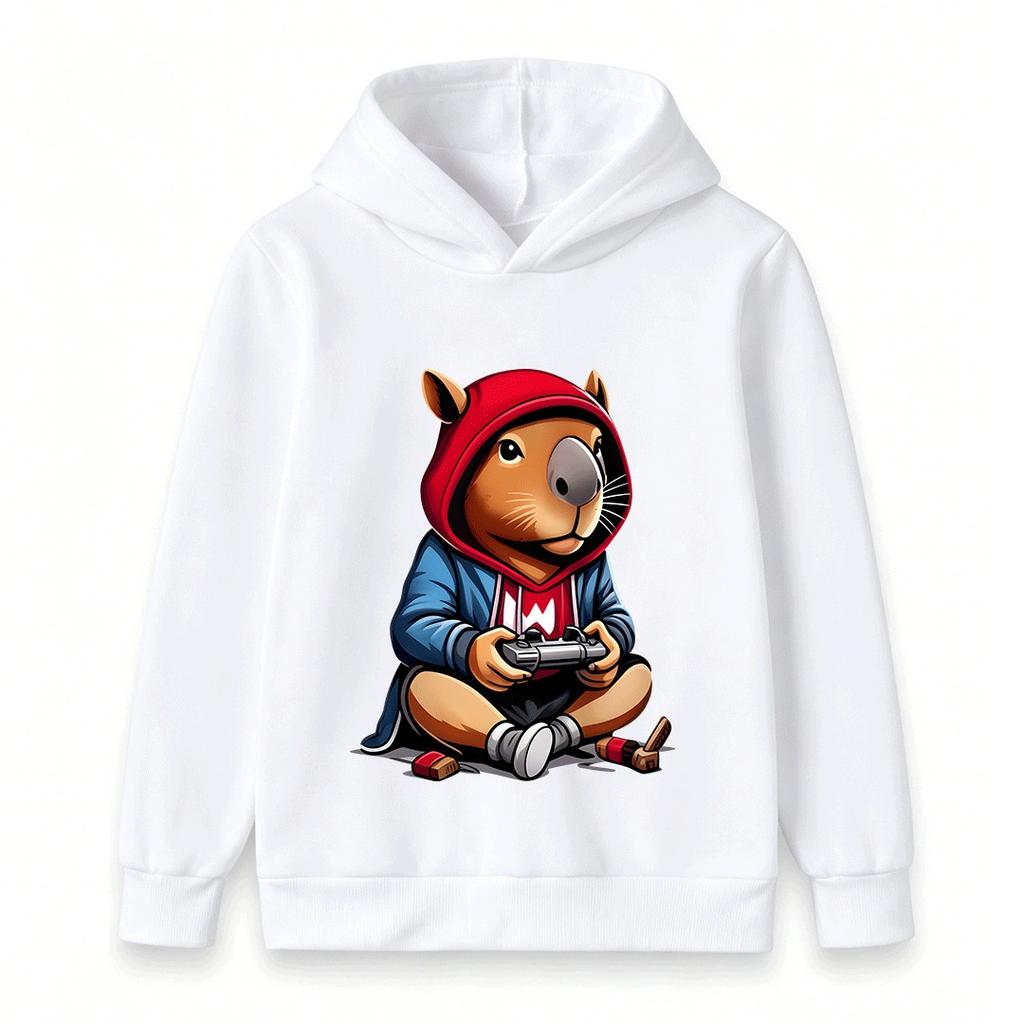 Kids Boys Girls Hoodie, Cute Gamer Capybara Print Casual Pullover Hooded Sweatshirt for Game Lovers Children Tops