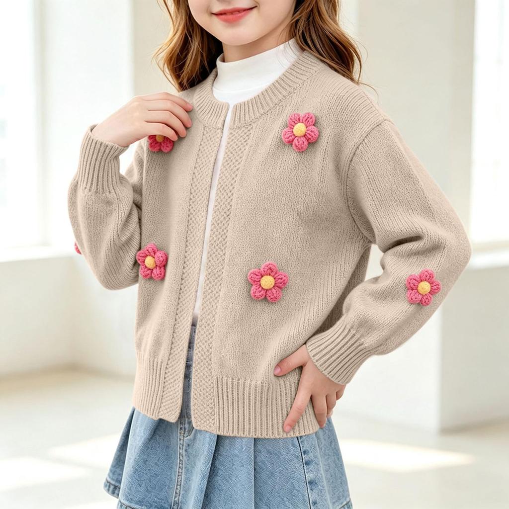 Girls Color Cardigan Sweater with Button Front and Crochet Flower