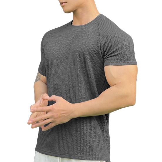 Men Summer Top with 3D Texture Round Neck Short Sleeves Loose Solid Color Muscular Men Sport T-shirt Daily Exercise Shirt