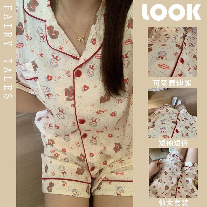 

Full of polka dot teddy bear pajamas women s summer short-sleeved shorts red-edged two-piece set girls can wear loungewear S