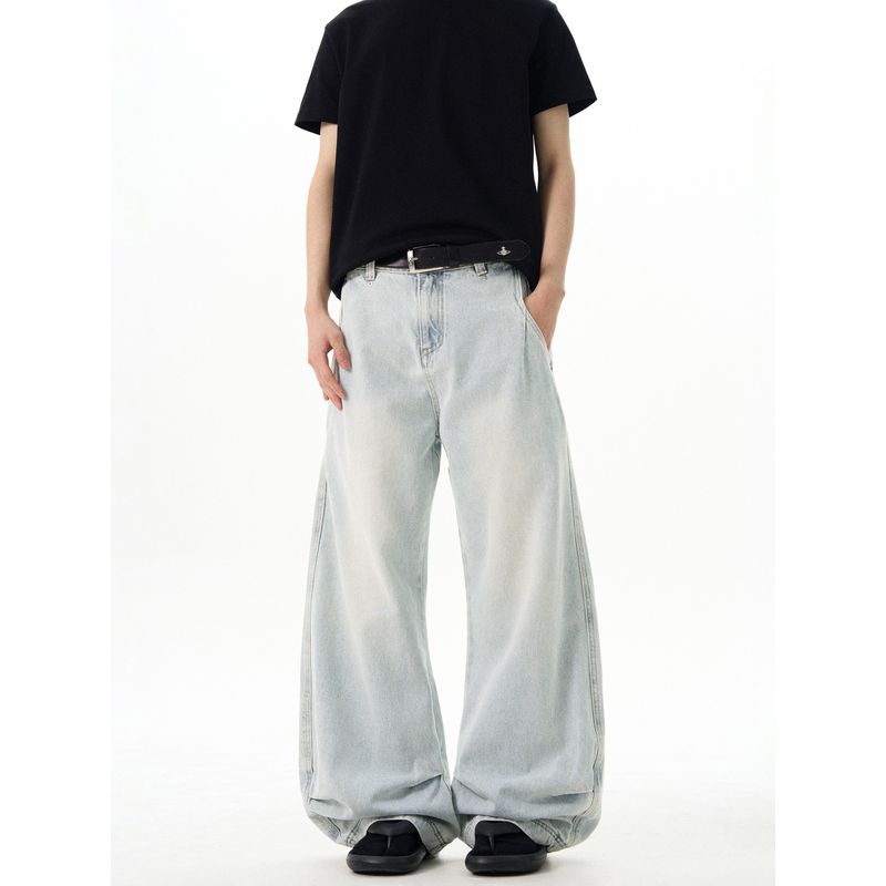 Kisko Vintage Washed Distressed Drapey Scimitar Jeans Unisex Trendy Brand Loose Straight Pants Trendy