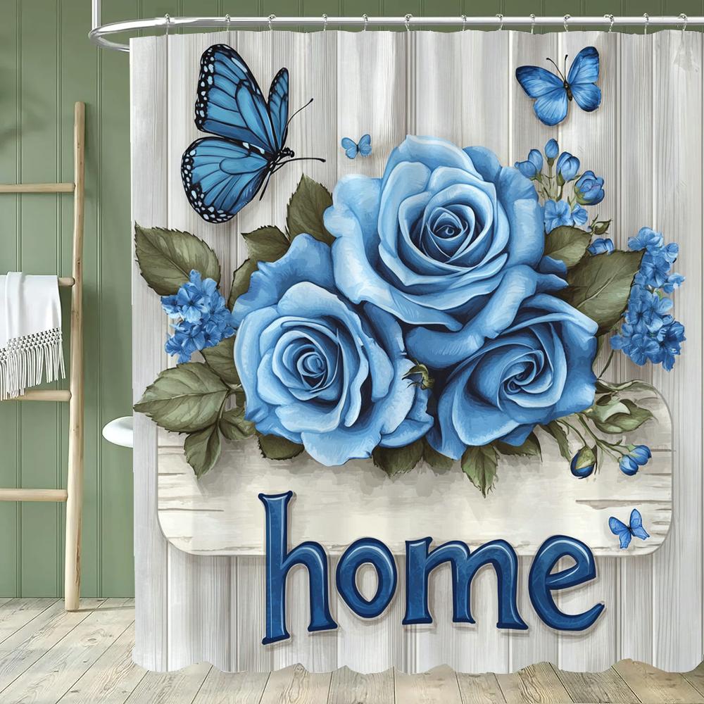 1pc Modern Blue Rose Butterfly Shower Curtain Bathroom Curtains With Hooks,Printed Flowers Curtain Home Decoration Curtain 120x180cm-47x70in