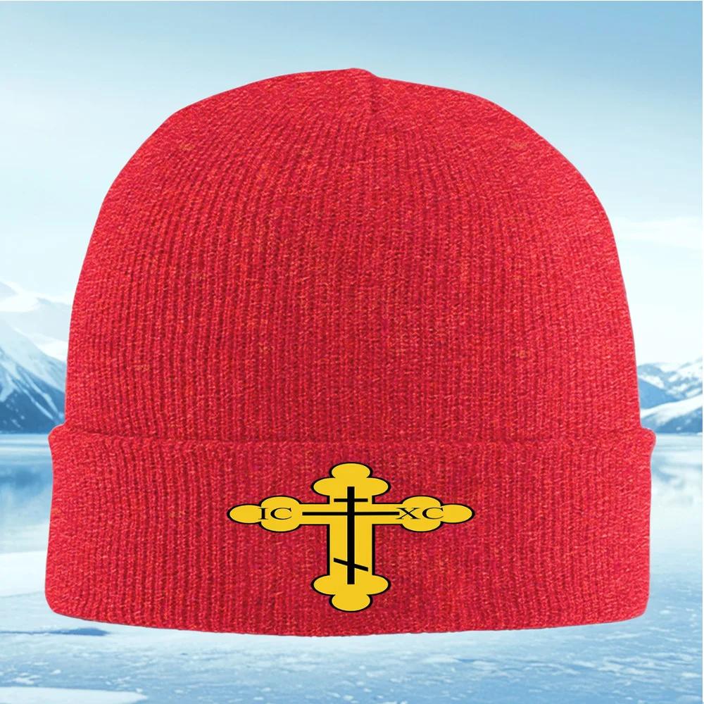 Golden Cross Black Background Letters Unisex Women Unisex Knitted Hat Beanie Pullover Cap Winter Thermal Warm Christmas Outdoor Cyc
