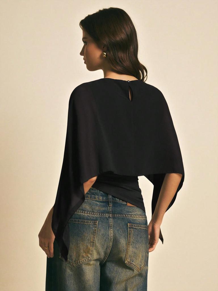 Summer New Women's Cape Sleeve T-Shirt Crew Neck Loose Chiffon Cardigan Elegant Irregular Top for Women
