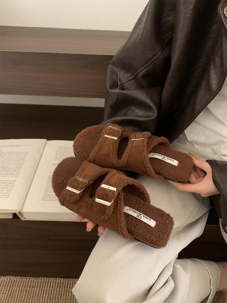 Belt buckle retro fluffy slippers for women's outer wear 2025 new autumn and winter indoor flat-bottomed velvet thermal cotton slippers